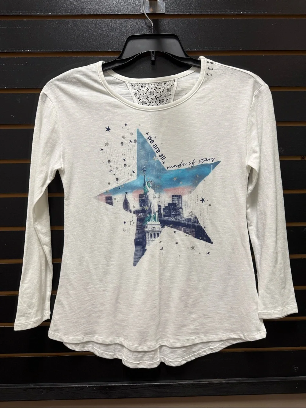 NWT Justice Girls White Graphic Long Sleeve Top Stars Statue of Liberty Sz 14/16